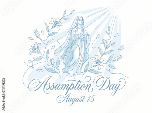 Assumption Day August 15 continuous line art vector of sacred graceful figure with floating lilies and light rays