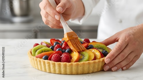 Pastry chef glazing a fresh fruit tart with apricot jam.