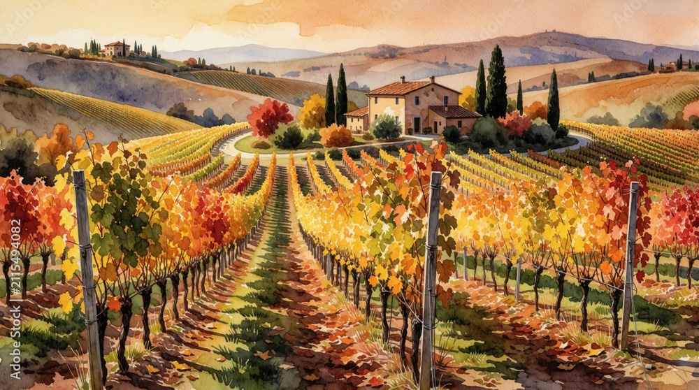 Obraz premium Watercolor illustration of autumn vineyard landscape with colorful foliage on rolling hills. Traditional house sits in valley among grape rows under golden sunset sky. Rustic farm scenery features