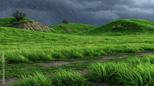 Lush green rolling hills under a dramatic stormy sky with heavy rain falling on a dirt path