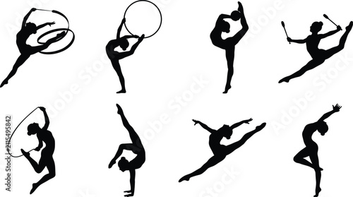 Rhythmic Gymnastics Silhouette Collection with Ribbon Hoop Clubs Balance and Acrobat Performance Poses