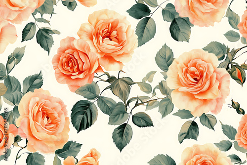 Vintage peach rose pattern with green leaves on cream background.