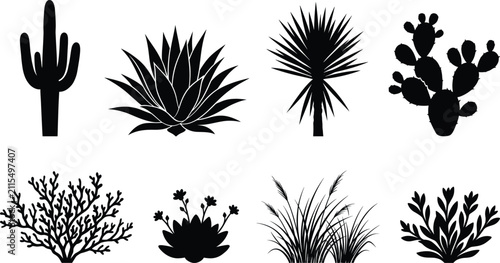 Set of professional desert plant silhouettes including saguaro cactus agave yucca prickly pear and desert grass vector icons
