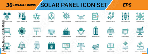 Solar panel icon set flat collection. thin line solar panel outline icons pack.