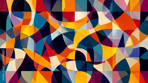Vibrant geometric abstract pattern with colorful overlapping shapes.