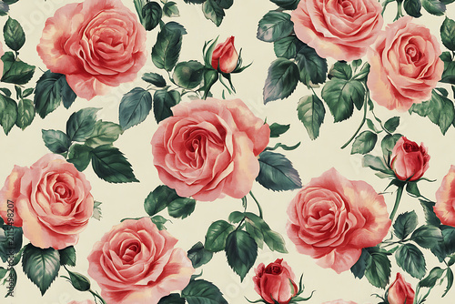 Vintage pink rose seamless floral pattern background.