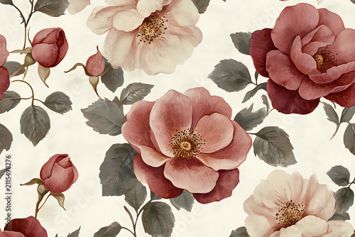 Classic vintage rose floral seamless background design.