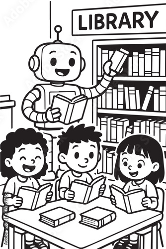 Cute vector art of a friendly robot helping young children read books in a library, featuring simple flat shapes, educational themes, and joyful technology.