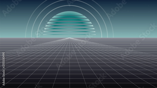 Retro synthwave landscape with glowing grid horizon and striped sun in teal and dark blue digital
