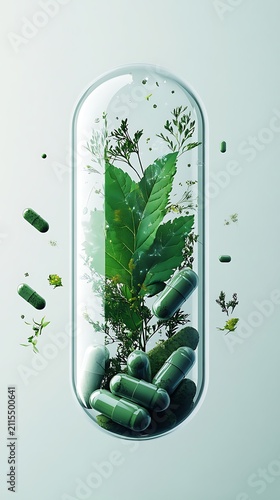 Botanical supplements concept green capsules and lush foliage within a clear capsule shape