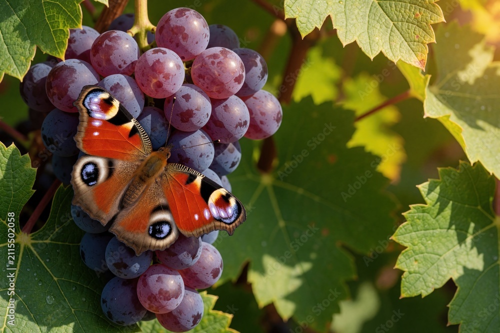 Obraz premium European peacock butterfly sits on ripe purple grapes in summer vineyard. Orange insect rests on sweet fruit bunch between green leaves. Nature scene shows garden wildlife during autumn harvest