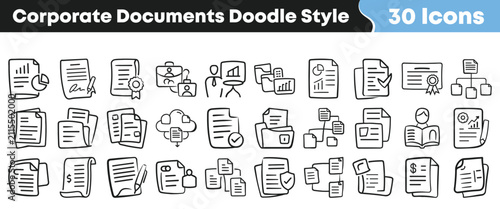 Set of 30 hand drawn corporate documents and business paper icons