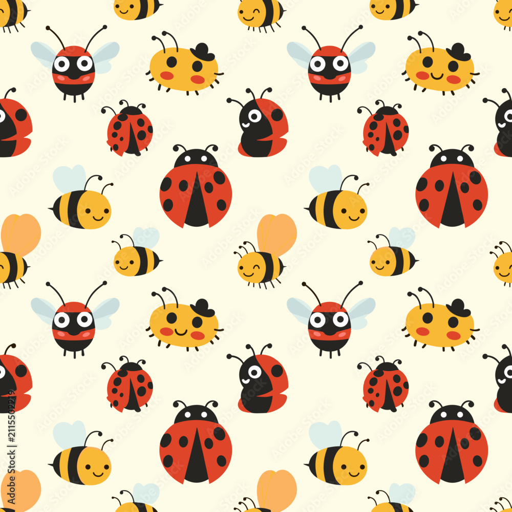 Naklejka premium Cute Bees and Ladybugs Seamless Pattern