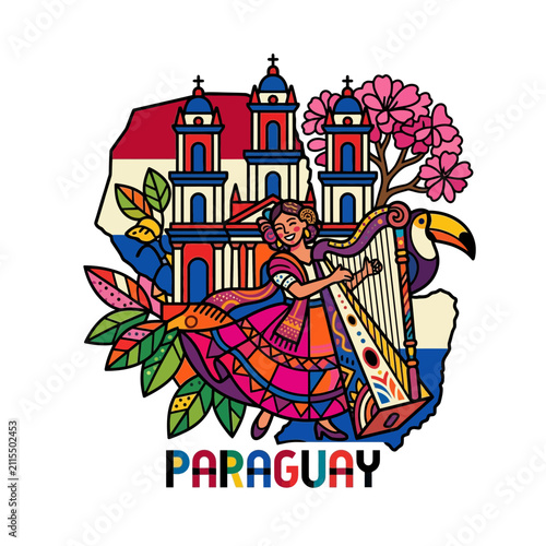 Obraz na płótnie Paraguay Cultural Illustration with Harpist and Landmarks
