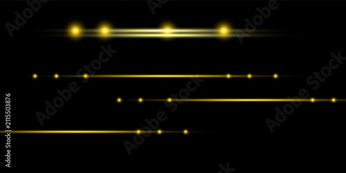 Realistic set of golden light lines isolated on transparent background. Vector illustration of yellow LED lamp shine, shimmering sunrise flash on horizon, magic energy effect, sunshine divider