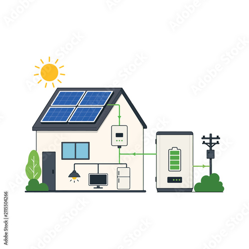 Home Battery Storage System Flat Vector Illustration, Solar Energy Backup and Residential Power Storage.