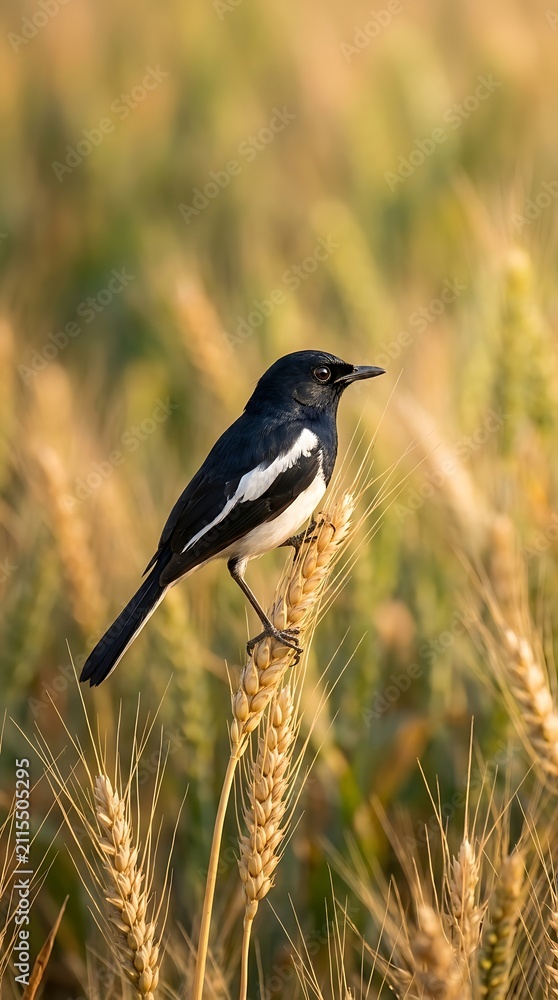 Obraz premium Oriental magpie robin perched on wheat. Small songbird resting in golden field.