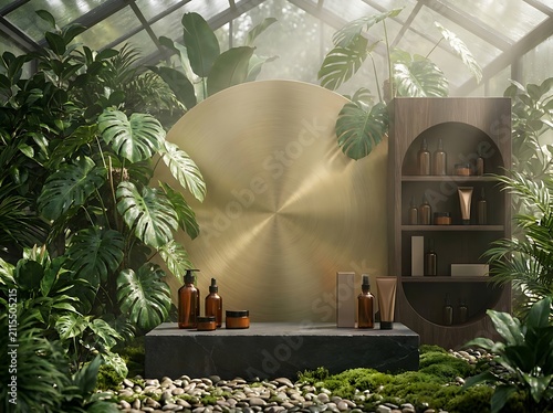 Natural skincare product display on stone platform with skincare cosmetics platform botanical