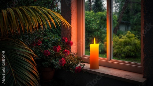 A lit yellow candle on a windowsill with lush green plants and red flowers during a soft sunset glow