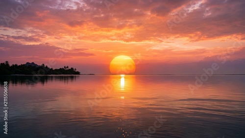 Golden sunset over tranquil ocean, vivid orange and pink skies mirrored across glassy water, peaceful evening atmosphere, seamless cinematic coastal landscape background, 4K video