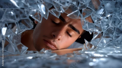 Person peeking through broken glass shards close up detail view