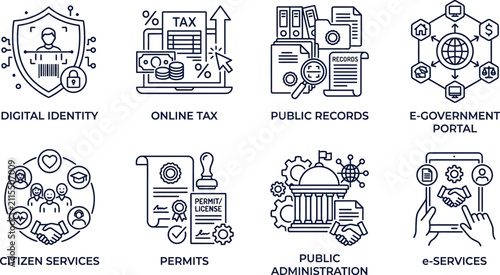 Set of thin line icons representing digital government services for citizens and public administration systems displayed clearly on white background