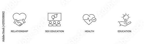 RSHE School Subject icon set containing Relationship, Sex and Health Education vector concept illustration