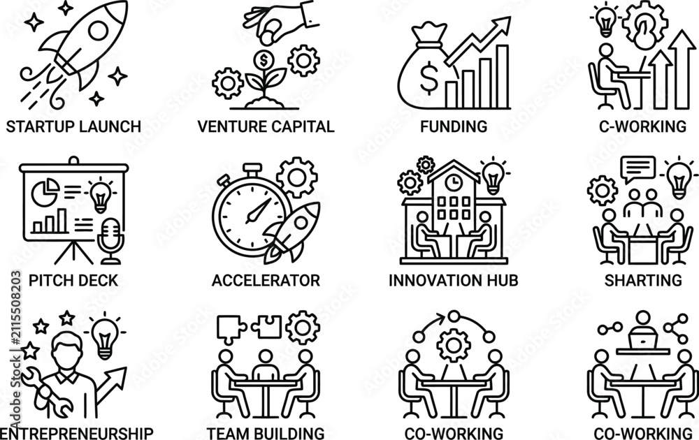 Fototapeta premium Collection of twelve black and white line art business icons representing professional startup concepts and corporate development on white background
