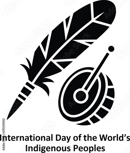 Black and White Vector Icon for International Day of the World's Indigenous Peoples 2026 Featuring a Traditional Tribal Feather and Frame Drum