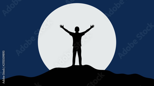 Fotografía Minimalist silhouette of a man celebrating success under a bright full moon