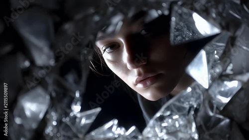 Woman peering through broken glass abstract view