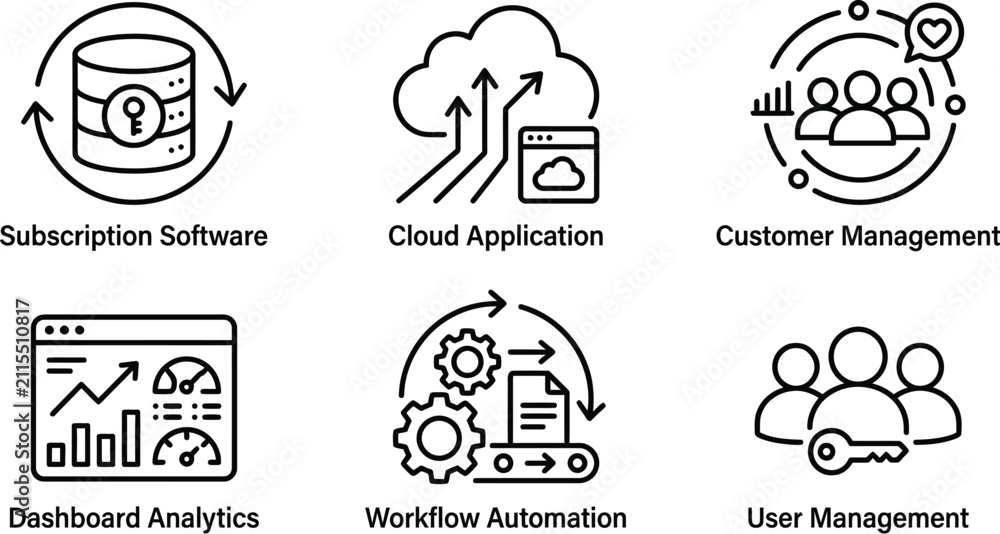 Fototapeta premium Set of six black and white linear icons representing modern business software solutions and digital technology concepts on white background