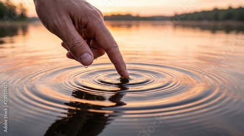 Hand creating ripples by touching calm water surface at sunset for peace and nature background in design
