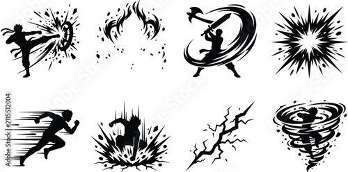Dynamic action hero combat skills vector silhouette set featuring super speed, weapon slash, and impact explosions.