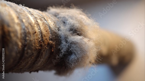 Close-up of rough weathered wood texture with fine white fibers resting on the surface, showcasing natural detail and soft light.