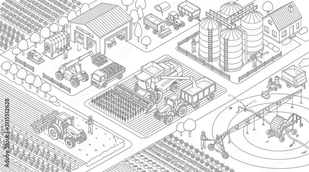 Fototapeta premium Isometric illustration of a modern farm with fields, buildings, and agricultural machinery in a line art style.