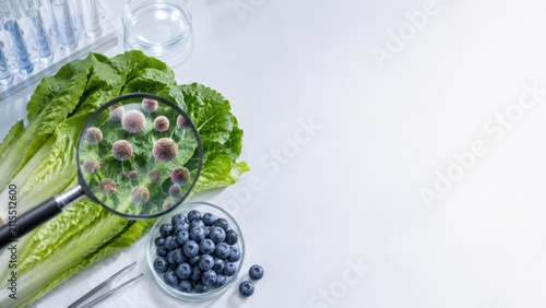 Magnifying Glass Revealing Cyclospora Parasite Contamination on Fresh Lettuce in Food Safety Laboratory