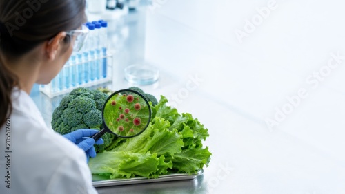 Laboratory Scientist Inspecting Fresh Vegetables for Cyclospora Parasite Contamination with Copy Space