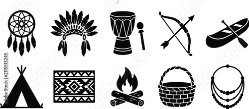 Set of 10 Black and White Native American Tribal Silhouette Icons and Traditional Elements Isolated on White Background 2026
