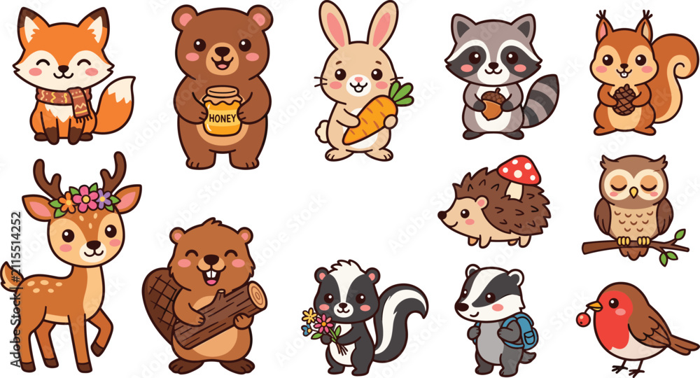 Fototapeta premium Cute Woodland Animal Characters Vector Set featuring Fox, Bear, Rabbit, Raccoon, Squirrel, Deer, Beaver, Skunk, Hedgehog, Owl, Badger, and Robin Bird for Children Designs