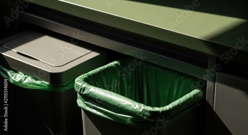 Modern Recycling Bins With Green Liners In Sunlight