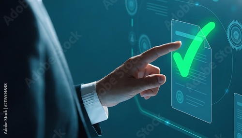 Business person touching digital checkmark. Professional approving document on interface.