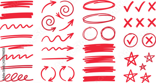 Bild auf Leinwand Red Hand Drawn Marker Vector Set Featuring Underlines Highlight Strokes Arrows C