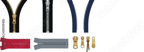 Zipper Vector Icon Set Featuring Open and Closed Metallic Slides Plastic Red Teeth Separate Track Elements and Gold Metal Pull Tabs for Fashion Apparel Designs