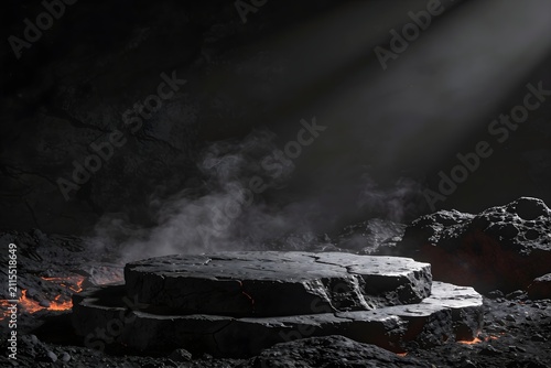 Stone platform sits amidst dark volcanic rock terrain.