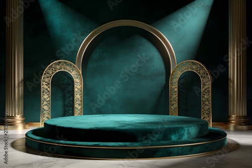 Pedestal stands in an elegant green velvet theater room.