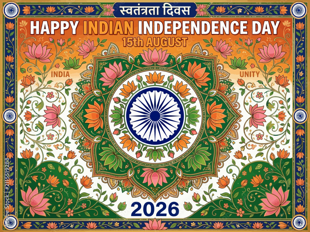Obraz premium Indian Independence Day poster with lotus flowers, Ashoka Chakra, and date 2026