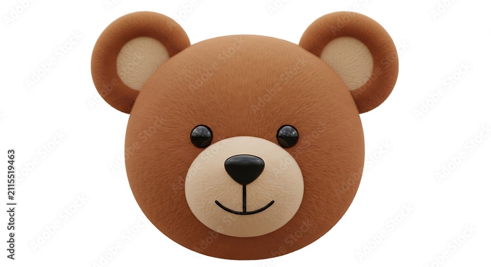 Fototapeta premium A3d rendered brown teddy bear head character with soft fur texture and a friendly smile, isolated on a white background, toy animal