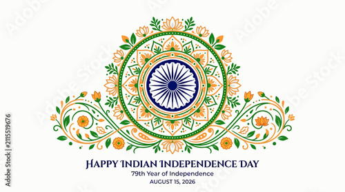 Indian Independence Day Mandala Emblem with Saffron, Green Colors and Ashoka Chakra
