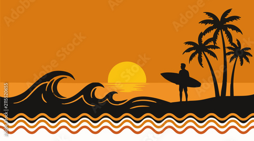 фотографія Tropical beach sunset with surfer silhouette and palm trees illustration